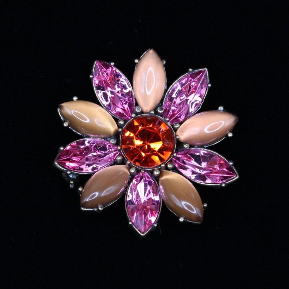 VINTAGE Rhinestone Flower Brooch Pink and Orange Mid Century Costume Jewelry